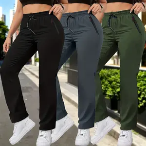 Women’s 3-Pack Summer High-Waist Straight-Leg Casual Jogger Pants with Zipper Pockets