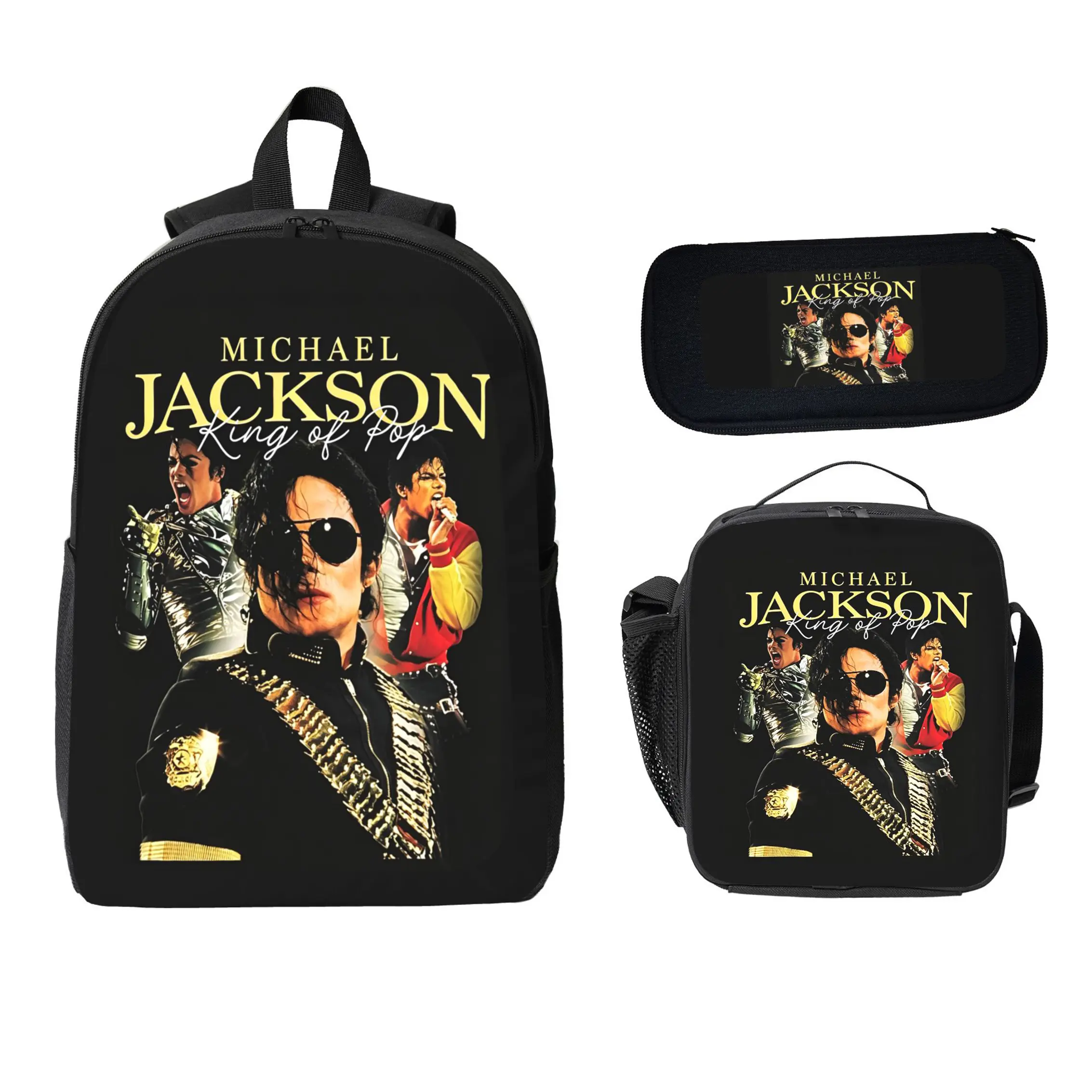 Michael Jackson Backpack Set Durable Polyester 3 Piece Bookbag Lunch Bag Pencil Case Lightweight Large Capacity Back To School Travel Daypack For Boys Girls Kids Teens Students Music Fans Viral Trendy Gift