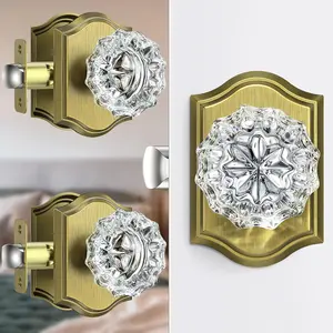 Glass Crystal Door Knobs Interior, Antique Brass Crystal Door Knobs with Lock for Privacy Use, Vintage Crystal Glass Doorknob for Interior Bedroom Bathroom Doors