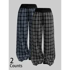 Women’s plaid patchwork loose-fit casual pants, comfortable loose fit, comfortable straight-leg long trousers, fashionable trendy all-season wear, airport outfit