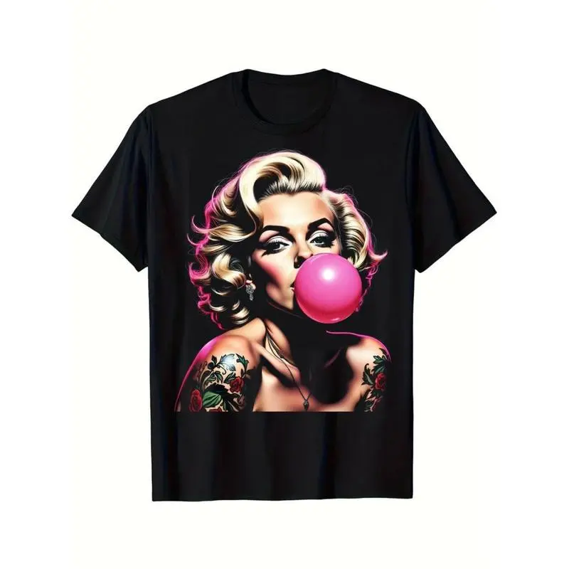 Women's Vintage Pin-Up Tattoo Graphic Crew Neck T-Shirt, Soft Cotton Short-Sleeve Sports Top, Lightweight Bubblegum Design Streetwear, Machine Washable Fade-Resistant Yarn Fabric Summer Casual Top, Ideal for 2 Scenarios & Gifting, Resists Fades