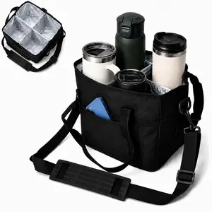 Reusable 4-Bottle Drink Carrier with Handle, Foldable Portable Tote with Adjustable Srtap for Watter Bottles, Coffee Cups & Tumblers, Perfect for Travel & Outings