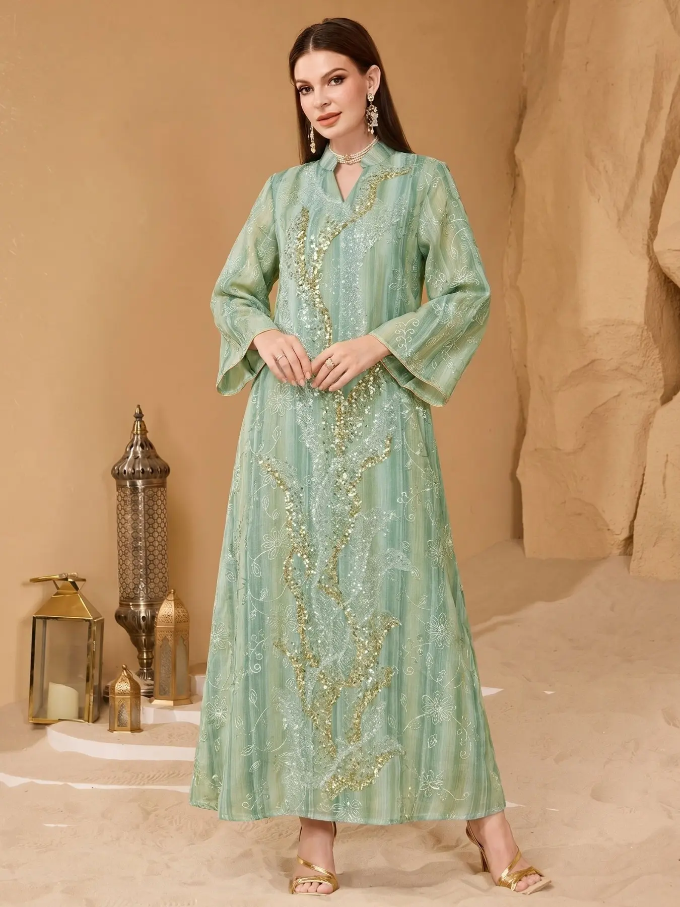 Middle Eastern Muslim Mint Striped Heavy Gold Sequin Embroidery Ethnic Elegant Islamic Clothing, Long Sleeve Dress Abayas, Islamic Clothes, All Seasons Fitted Style