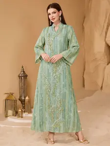 Middle Eastern Muslim Mint Striped Heavy Gold Sequin Embroidery Ethnic Long Sleeve Dress Abayas, All Seasons Fitted Style