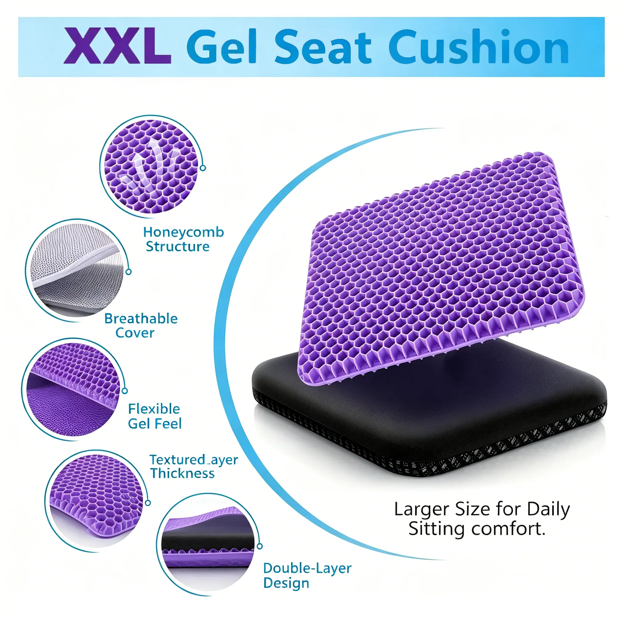 XXL Gel Seat Cushion 20"x20", Double-Layer Honeycomb Chair Pad with Breathable Cooling Design, Soft Supportive Cushion for Office Chair, Home Chair & Daily Sitting