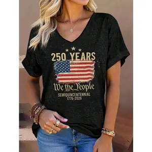 EMERY ROSE Plus Size Vintage American 250th Anniversary Printed V-Neck T-Shirt, with rolled cuffs, perfect for everyday casual wear, gifts, and national events, summer women's clothing, patriotic-themed women's clothing, ladies' apparel