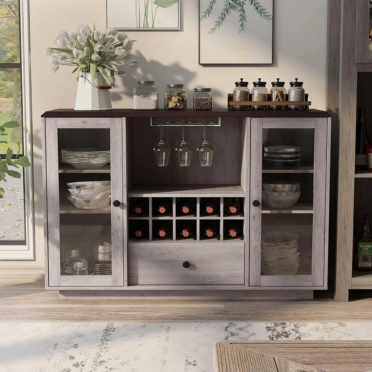 24/7 Shop At Home Alaysha Farmhouse Coastal White 46-inch 6-Shelf Buffet Sideboard with Wine Bottle Holder, Stemware Rack, 1 Drawer for Dining Room, Kitchen