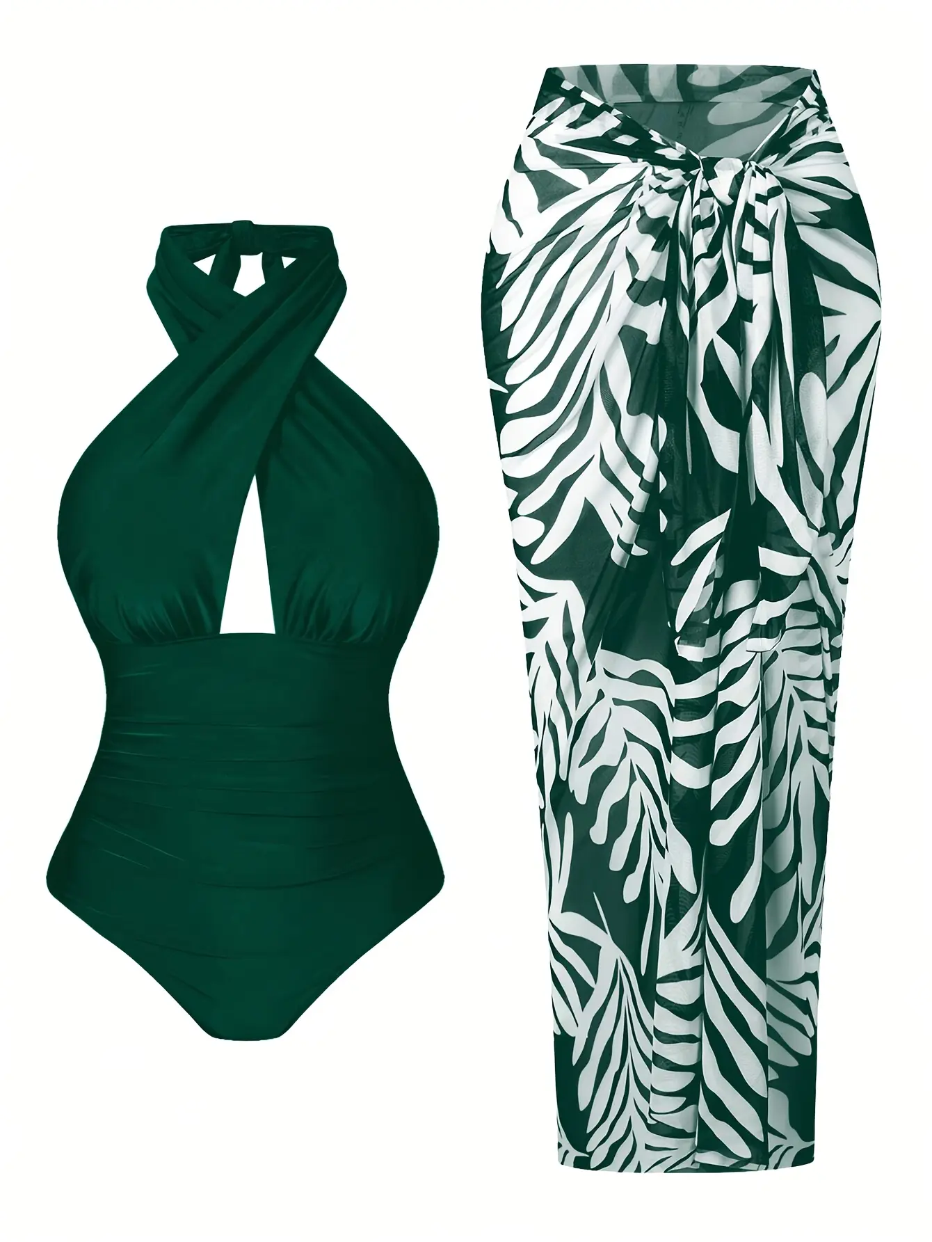 Plus Size Emerald Green Cross Halter One-Piece Swimsuit with Tropical Leaf Print Mesh Sarong Skirt, 2-Piece Slimming Tummy Control Beachwear Set for Women Vacation