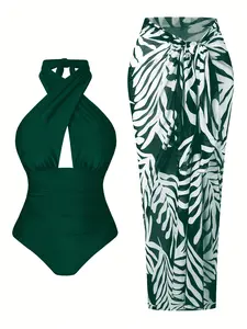 Plus Size Emerald Green Cross Halter One-Piece Swimsuit with Tropical Leaf Print Mesh Sarong Skirt, 2-Piece Slimming Tummy Control Beachwear Set for Women Vacation