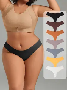 Hotcom Plus Size Lady's Solid Color Scallop Trim Seamless Thong Panties - Mid Waist, Fit, Smooth, Comfortable, Sexy, Soft Breathable Clothes for Daily All-Season Wear summerwins,summerwins