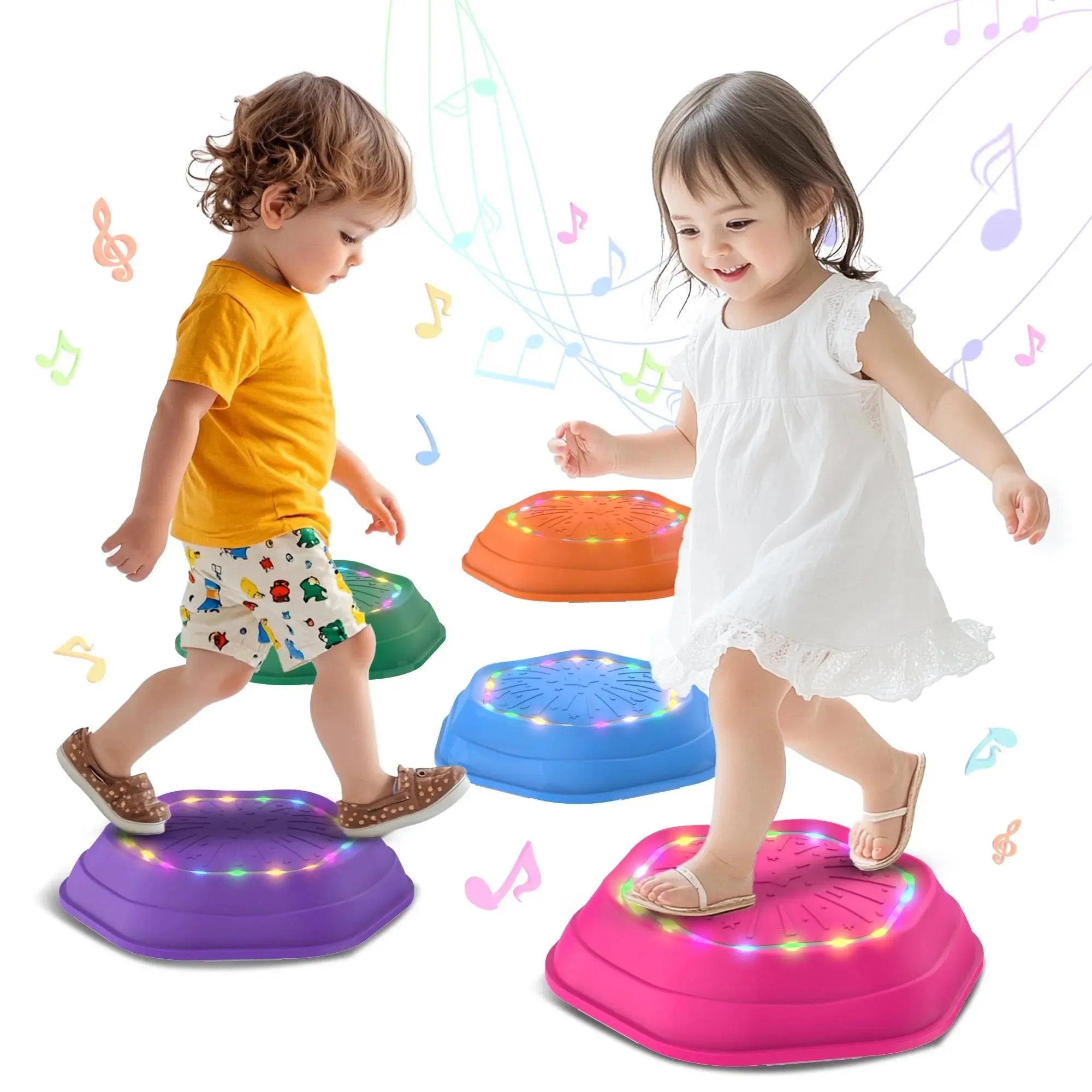 Non-Slip Music & Light Up 5 Pcs Stepping Stones, Sensory Stepping Stones, Encourage Balance, Indoor & Outdoor Play Gift Colorful Fun Soft Design, backyard fun