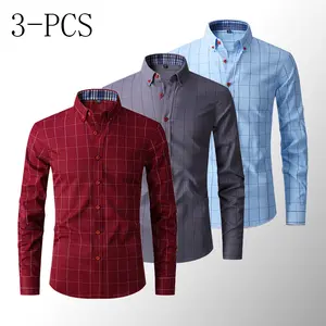 Men’s 3-Pack Cotton Plaid Checked Longsleeves Shirts, 60% Polyester/40% Cotton, Red Buttons, Color-Block Business Casual Oxford Tops, Menswear