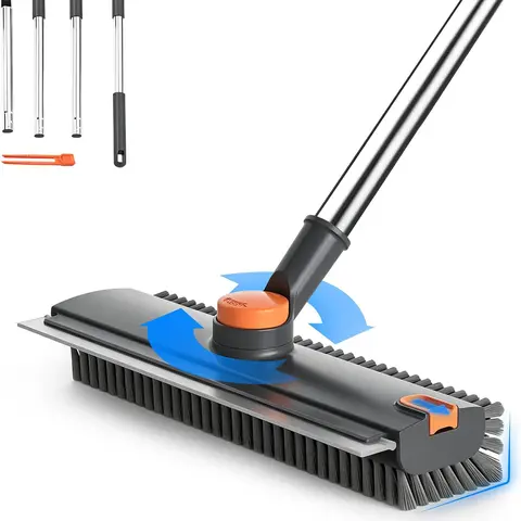 3-Function Household Squeegee Cleaning Supplies - 16-52in Stainless Steel Adjustable Handle, 360° Rotating Double-Sided Stiff-Bristle Scrubber, Silicone Squeegee, 1-Sweep Water Removal Multi-Surface Upright Cleaner (No Bending, for Bathrooms, Kitchens),ho