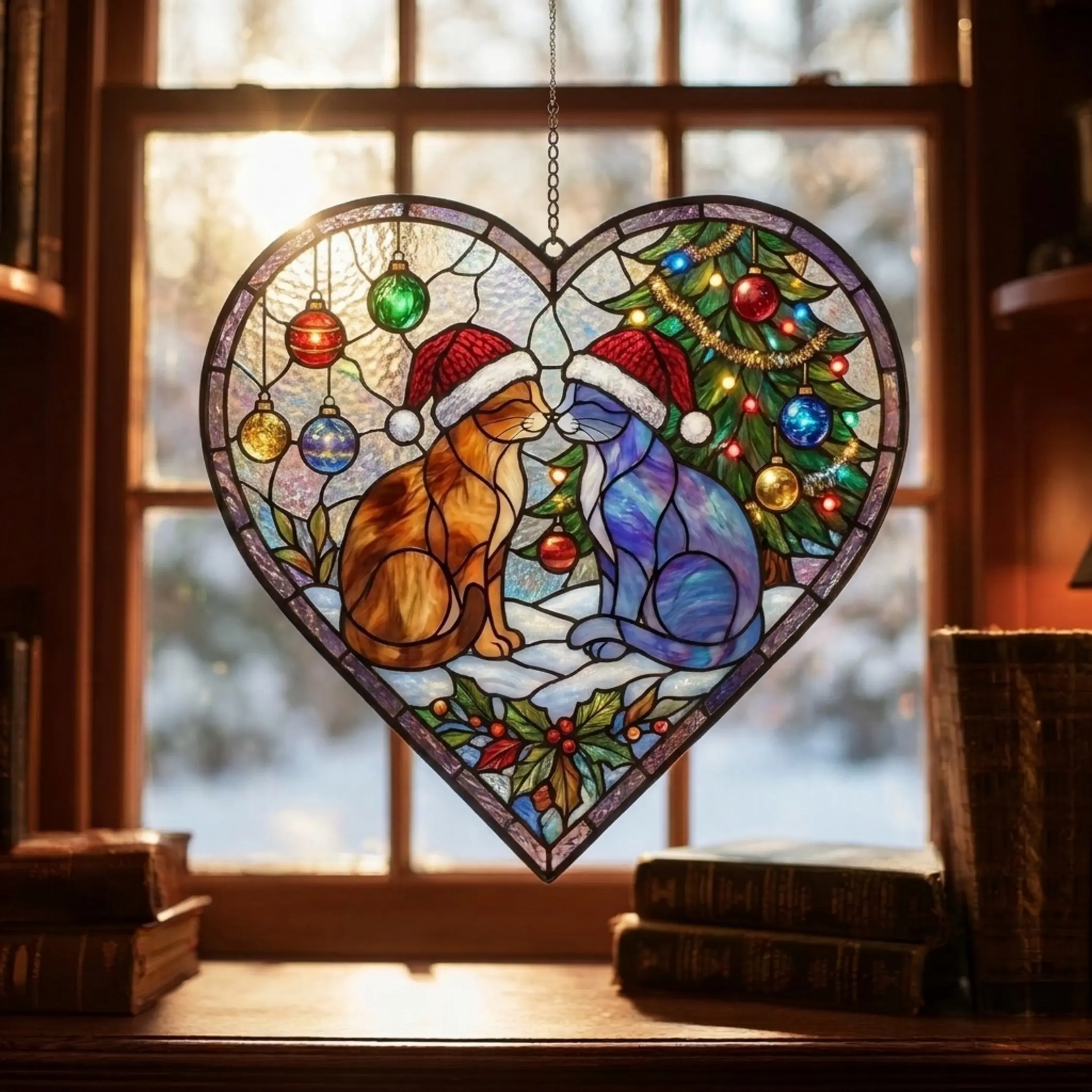 Heart Shaped Christmas Cats Stained Glass Suncatcher, Santa Hat Cat Couple Window Hanging Decor, Holiday Christmas Tree Acrylic Sun Catcher Panel, Xmas Gift for Cat Lovers