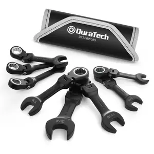 #BlackFriday DURATECH Stubby Flex-head Ratcheting Combination Wrench Set, SAE, CR-V Steel, Black Electrophoretic Coating, with Rolling Pouch