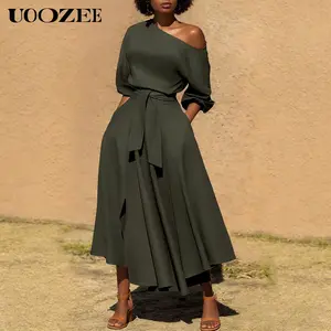 UOOZEE Women's 2026 Spring Summer Cinch One-Shoulder Belted with Pockets Midi Dress, Ideal for Summer Brunch, Spring Garden Parties&Urban Weekend Outings(One Size Up Recommended for C - Cup and Above)