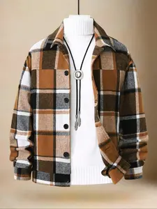 Men's Vintage Casual Plaid Woolen Coat, Three-Color Grid Pattern, Front Button Decor, Fitted Comfortable Design, Fall & Winter