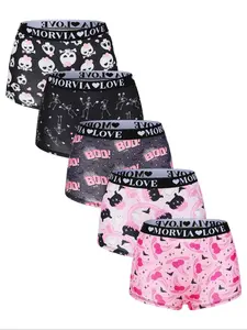 5-Pack Women's Cartoon Print Underwear Set, Soft Comfortable Seamless Mid-Waist Panties, Elastic Waistband, Seamless Breathable Design, All-Season Fitted Design, Printed Panties