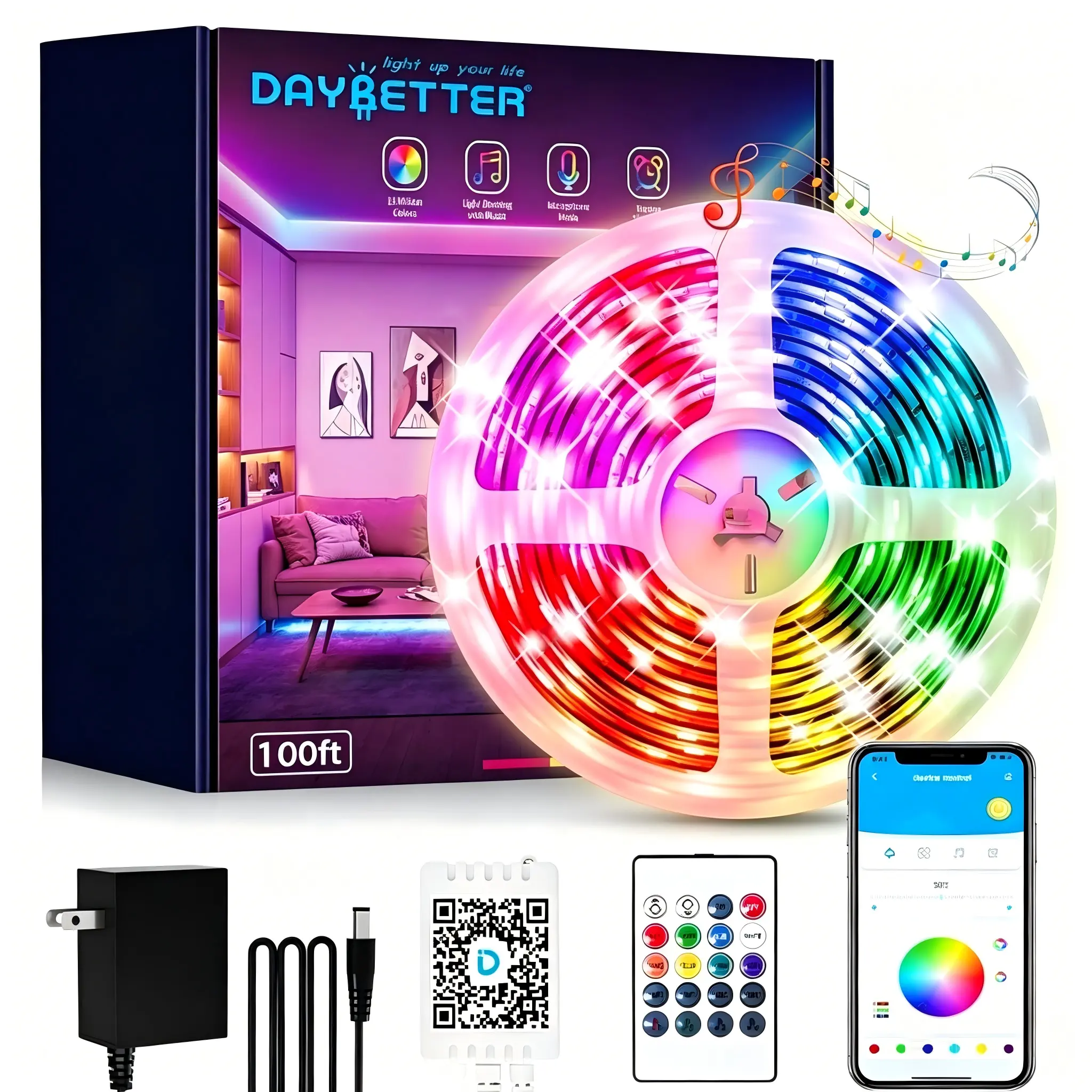 DAYBETTER WiFi Music Sync LED Strip Lights, 100FT Smart WiFi LED Strip App Remote Music Sync Christmas Bedroom Indoor Decor