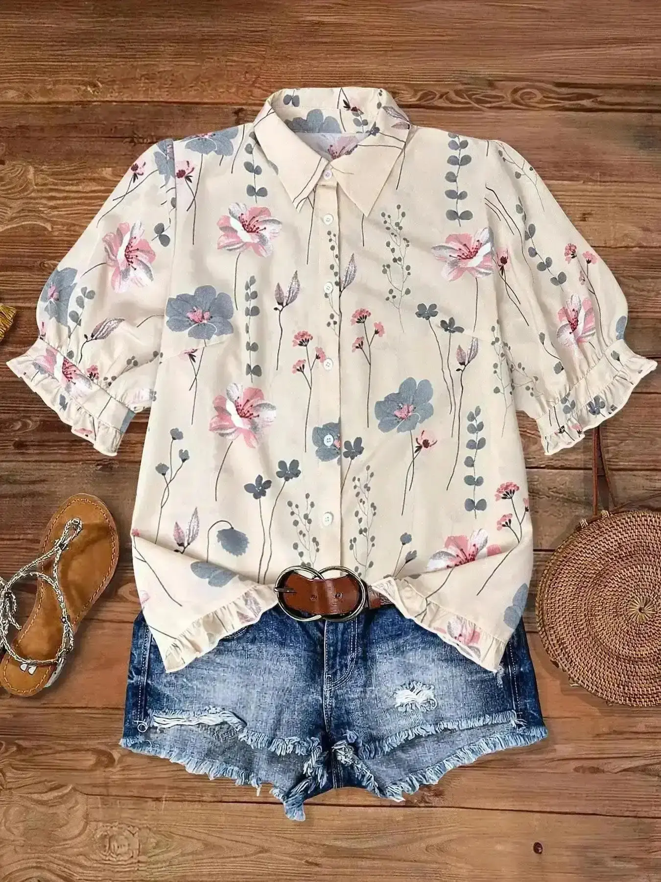 Chic Ladies Cami Top, Boho Chic Floral Print Casual Cottagecore Blouse Short Sleeve Top Summer Ladies Clothes Daily Wear Cute, Comfy, Warm Weather, Stylish, Contemporary, Breathable, Holiday Outfit, Fashion, Beach Ready