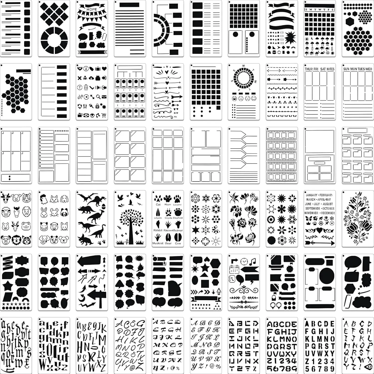 60 count Journal Planner Stencils Plastic Drawing Letter and Number Stencils DIY Drawing Templates for A5 Journal Scrapbooking Notebook Painting Calendars Schedule Supplies, 4 x 7 Inch
