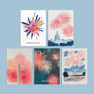 Patriotic fireworks art cards, July 4th Independence Day greeting cards, American Independence Day greeting cards with the theme Red, White and Explosion, American Independence Day gift cards, cards printed in watercolor style.