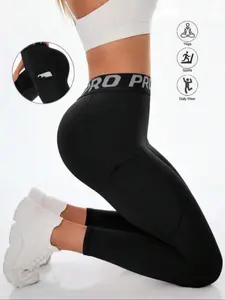 Women's High-Waisted Yoga Pants with Side Pockets, Butt-Lifting Tight Fit Solid Sports Leggings Athleisure Fitness Leggings for Outdoor Casual Fitness and Daily Wear