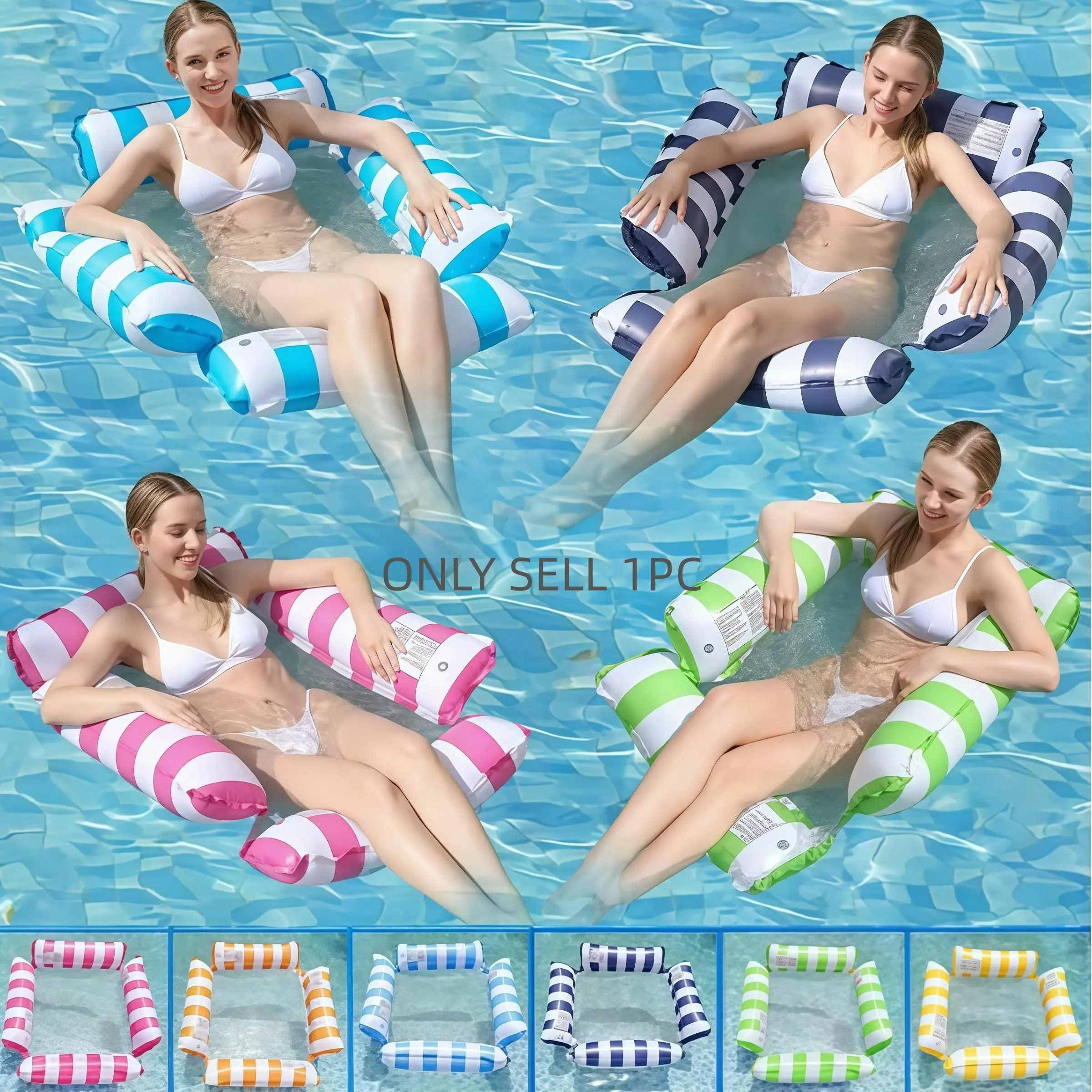 4-In-1 Inflatable Water Hammock, Portable Pool Float Lounger, Striped PVC Floating Bed, Multi-Use Saddle, Recliner, Hammock, Drifter, Pool Essentials, Inflatable Pool Raft, Multi Purpose Inflatable, Pool Floats Lounger, Pool Inflatables