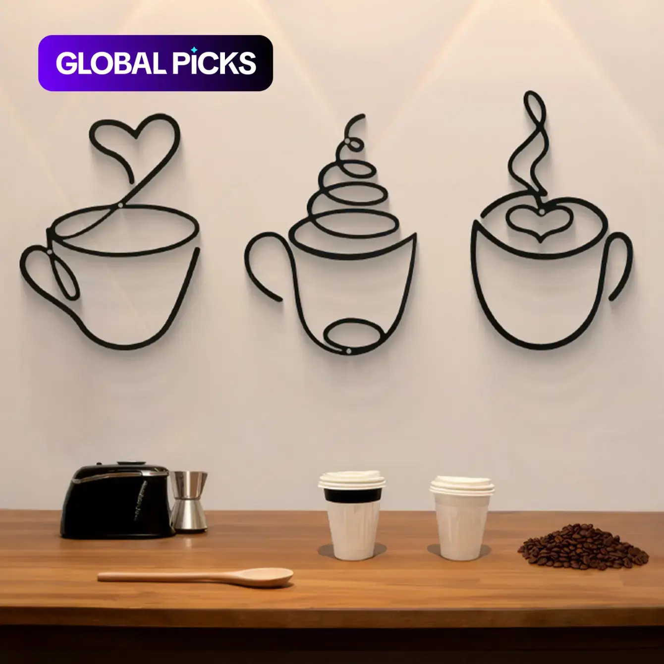 Modern Metal Coffee Cup Wall Art, Luxury Iron Hanging Ornament, Wall Art Set, for Kitchen, Dining Room or Living Room Wall Decoration, Coffee Theme Wall Art, Decorative Coffee Cup Artwork #GLOBAL PICKS
