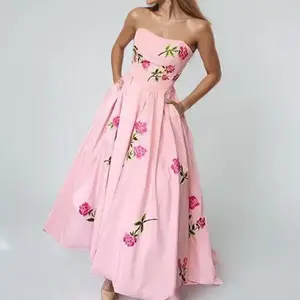 Spring 2025 New Arrival – Women’s Elegant Printed Strapless High-Waist Dress with a Large Hem, Pink Formal Bohemian Style
