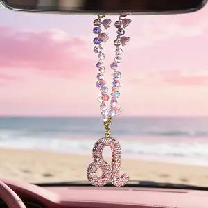 Zodiac Pearl Rhinestone Car Pendant, Cute Bling Girl Style Rearview Mirror Charm, Diamond Ball Fringe Design, Multiple Zodiac Options, Car Ornament