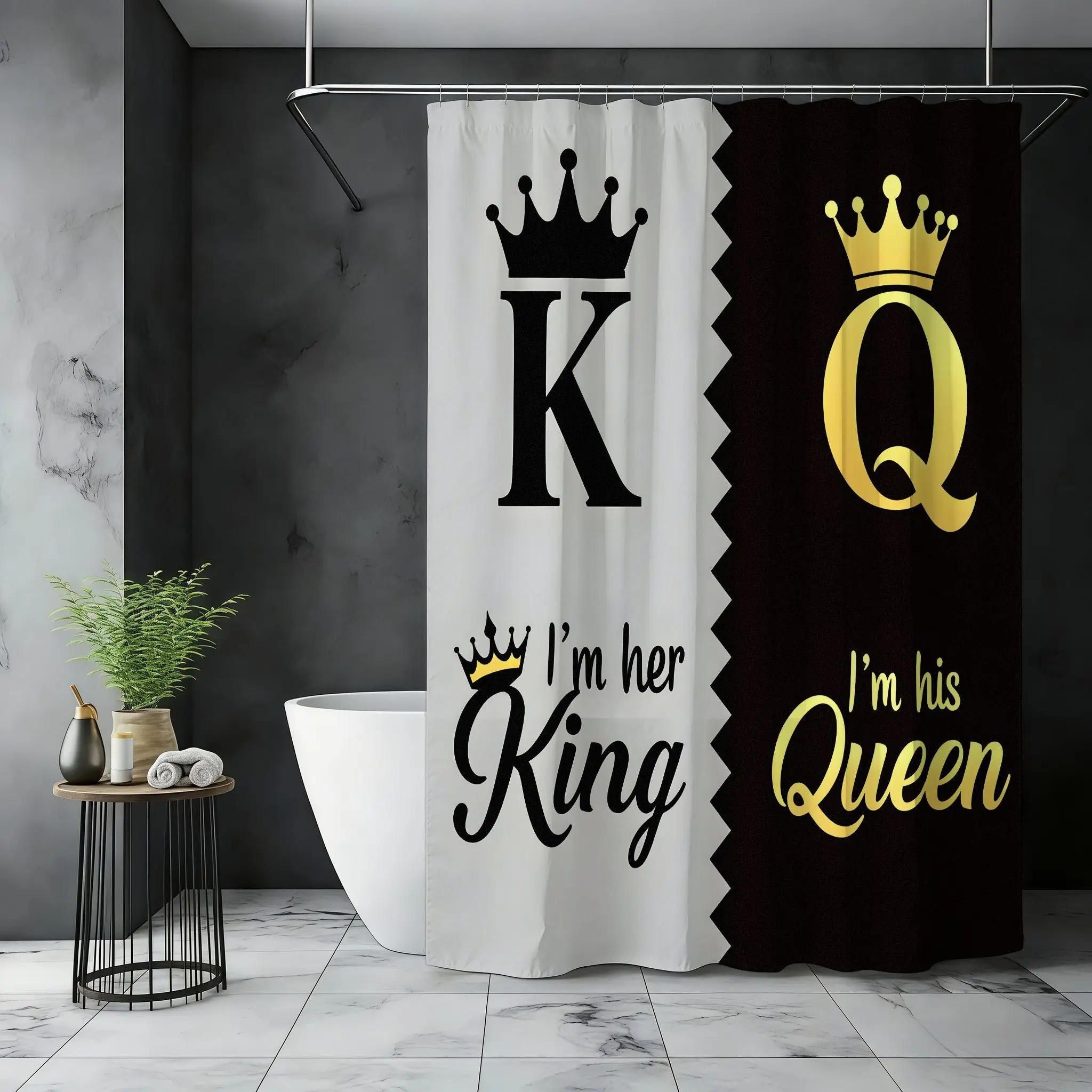 1/4pc King and Queen Pattern Shower Curtain Set, Bathroom Decoration Accessories, including shower curtain, toilet seat cover, rectangular mat, and U-shaped mat, perfect for bathroom décor, Comes with 12 shower curtain hooks