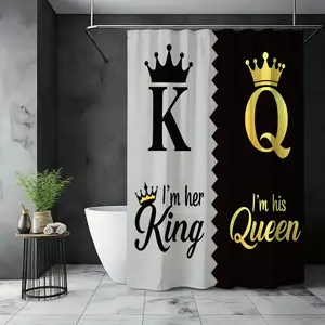 1/4pc King and Queen Pattern Shower Curtain Set, Bathroom Decoration Accessories, including shower curtain, toilet seat cover, rectangular mat, and U-shaped mat, perfect for bathroom décor, Comes with 12 shower curtain hooks