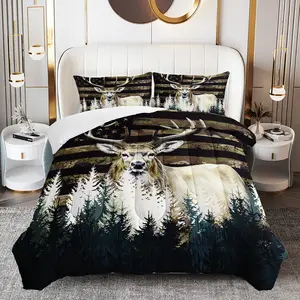 Elegant Deer Pattern Comforter Set 3pcs Microfiber Quilt with 2 Pillowcases Breathable Rustic Design for Girls Adults Bedroom Guest Room Decor Gifts for Family Animal Duvet Machine Washable