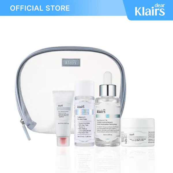 [DearKlairs] 4-Step Glass Skin Vitamin Trial Kit | 3-Day Lightweight Vegan Travel Kit with Cleanser, Toner, Serum, Moisturizer | Vitamin C, PDRN, Glutathione, Niacinamide for Sensitive, Radiant, Smoother Complexion (With Pouch)