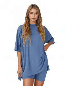 Crewneck Two-Piece Set For Women Summer Casual Oversized Split Hem Shirts & Side Pocket Biker Shorts Minimalist Lounge Wear Soft Viscose Fabric Comfy Homewear Cozy Pjs