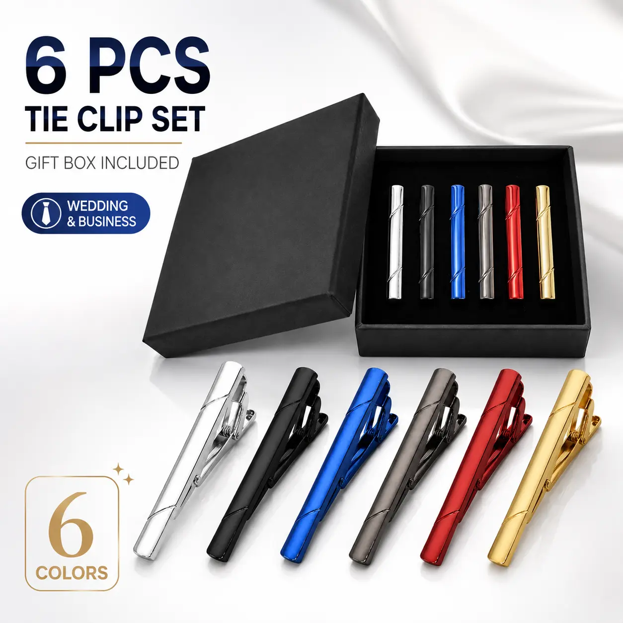 6 Pcs Men‘s Tie Clip Set – Premium Tie Bars in Gift Box, Stainless Steel Tie Accessories for Wedding, Business & Formal Suits