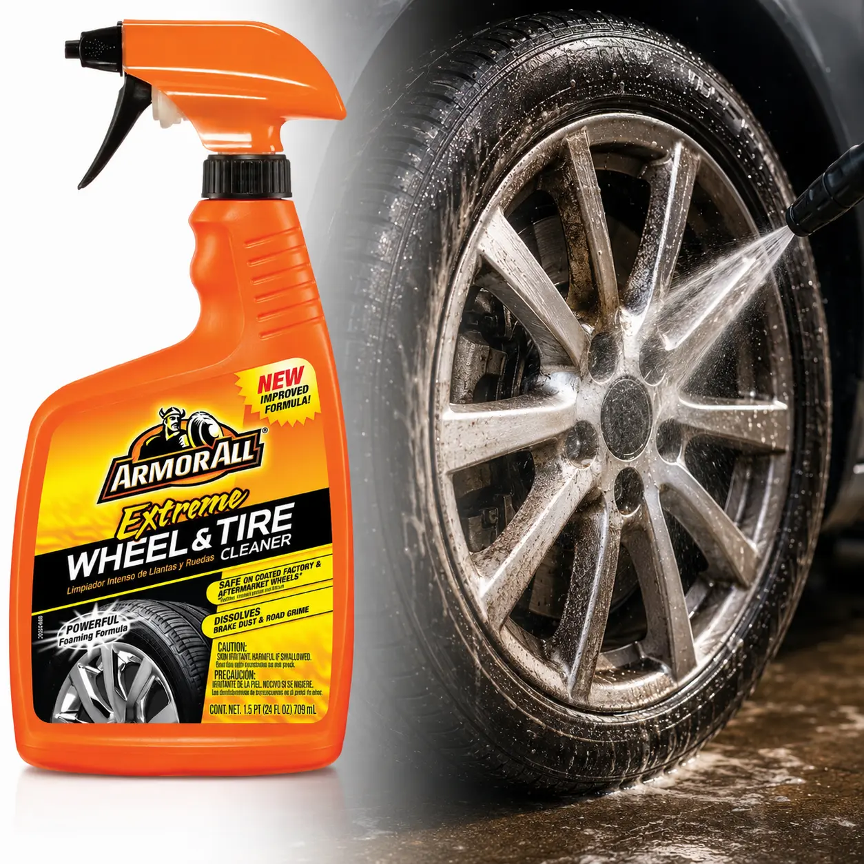 Armor All 24 fl. oz. Extreme Wheel and Tire Cleaner,wheel cleaner spray,tire cleaner spray,rim cleaner,brake dust remover,road grime remover,grease dissolver,triple-action,foam formula,clings to wheels,coated wheel safe,quick clean shine,car detailing