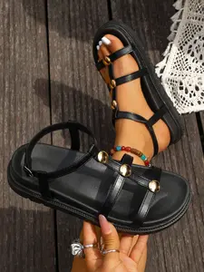 Women's Unique Sandals, Open Toe Sandal, PU Leather Thick Rubber Sole Slippers, Adjustable Metal Anklet Strap, Arch Support Comfortable Outdoor Beach Shoes