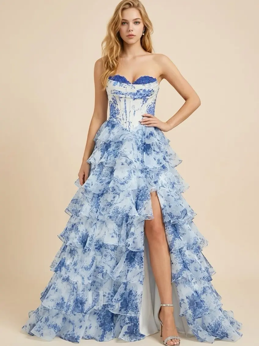 #3743 #floral gown with fitted corset bodice features a sweetheart neckline