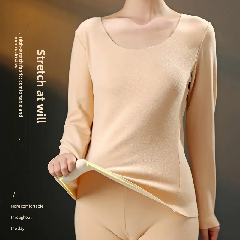 Women's 2-Piece German Velvet Thermal Underwear Set - Double-Sided Brushed, Self-Heating, Seamless, Comfortable Basic Fabric, Fits Cold Days, Long-Sleeve Top & Pants (Sports & Outdoor Warm Base Layer), Minimalist