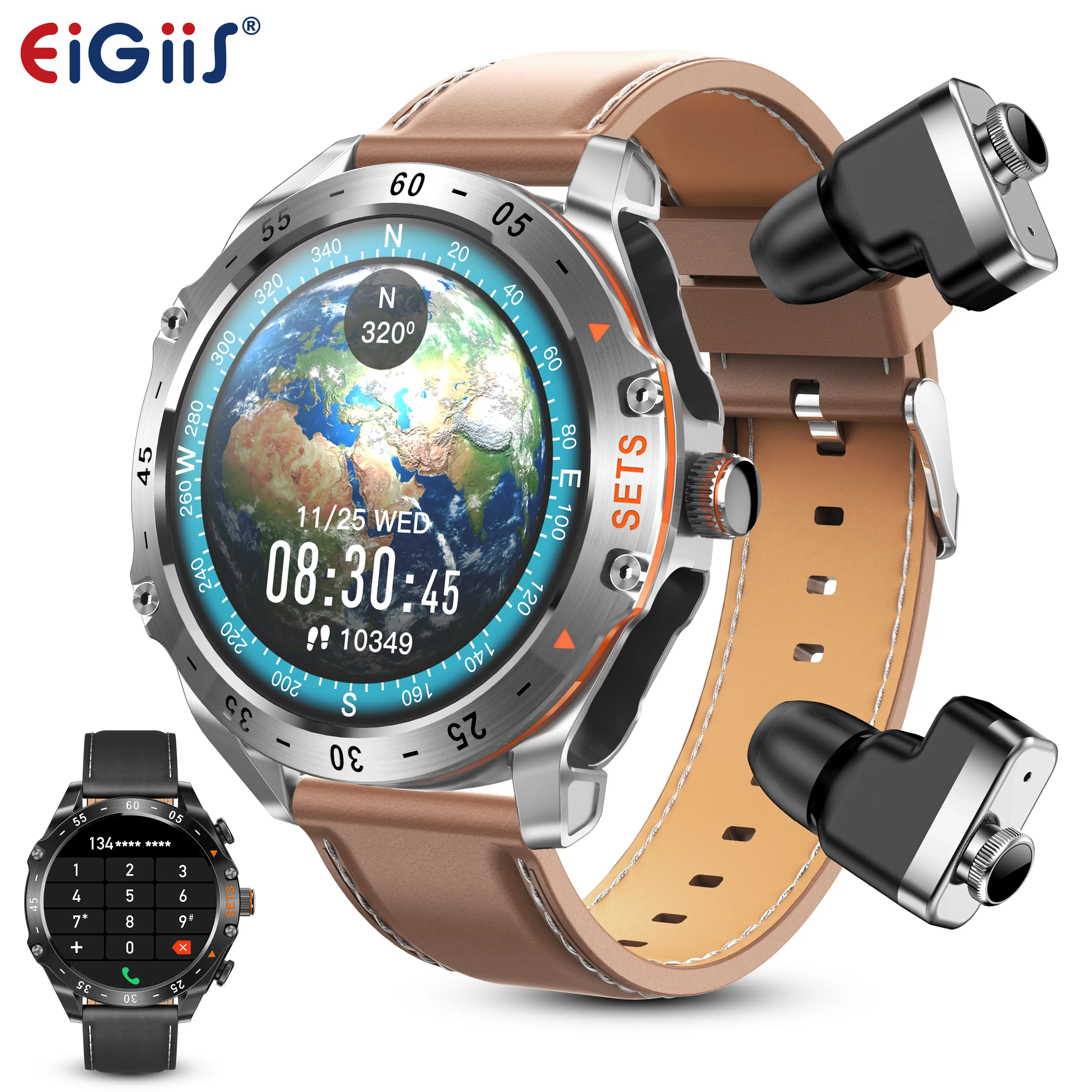 EIGIIS 2-in-1 Wearable Smart Watch with Magnetic Bluetooth Earbuds for Men - Wireless Calling, Built-in Music Player, Rugged Outdoor Sport Device, Remote Activity Tracker, Step Counter, Alarm, Touch Screen, Charging, Timer, Calculator, for Android iOS, Sm
