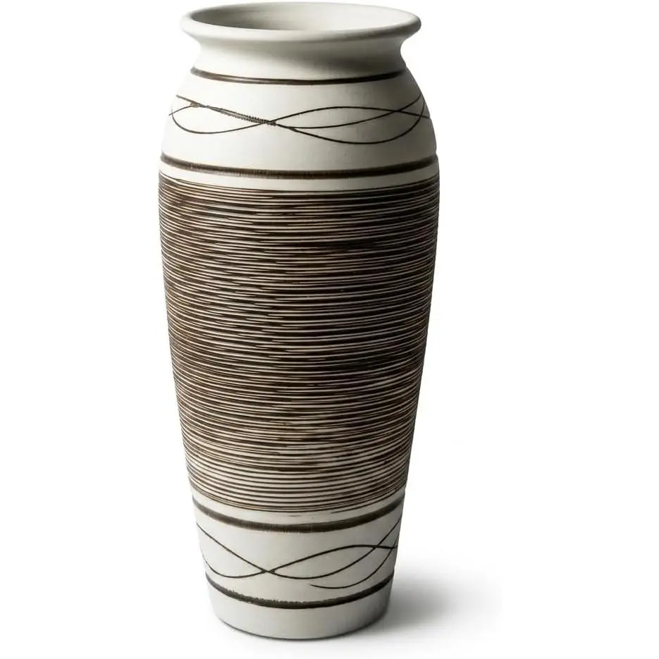 Handcrafted Wabi-Sabi Ceramic Vase - 12.5" Hand-Etched Ribbed Pottery Vase, Decorative Minimalist Entryway Tabletop Centerpiece for Modern Farmhouse Decor, Tribal Textured Matte Silicone-Touched Gift (Pattern A)