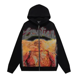 Extra Baggy Mixed Emotion Gothic & Angel Print Zip Up & Pullover Hoodie Sweatpants Set| Retro Faded Rhinestone Cherub 2000s Retro Urban Street Style| For Men & Women Matching Couple Tracksuit for Men Women Warm Weather Daily Outfit