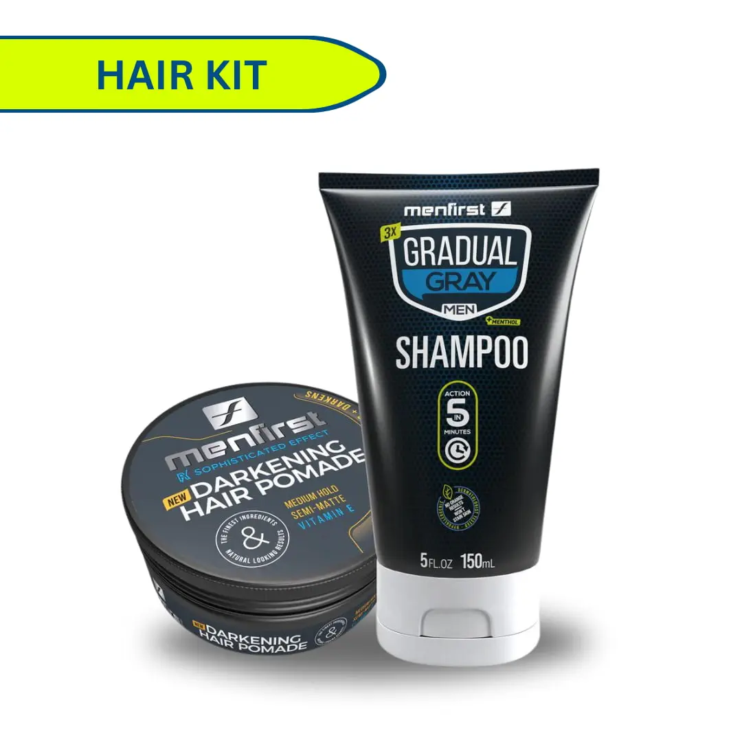 Menfirst Men's 3-in-1 Anti-Frizz Gradual Gray Shampoo & Darkening Pomade - Gray Hair Treatment, 2-Pack Bundle