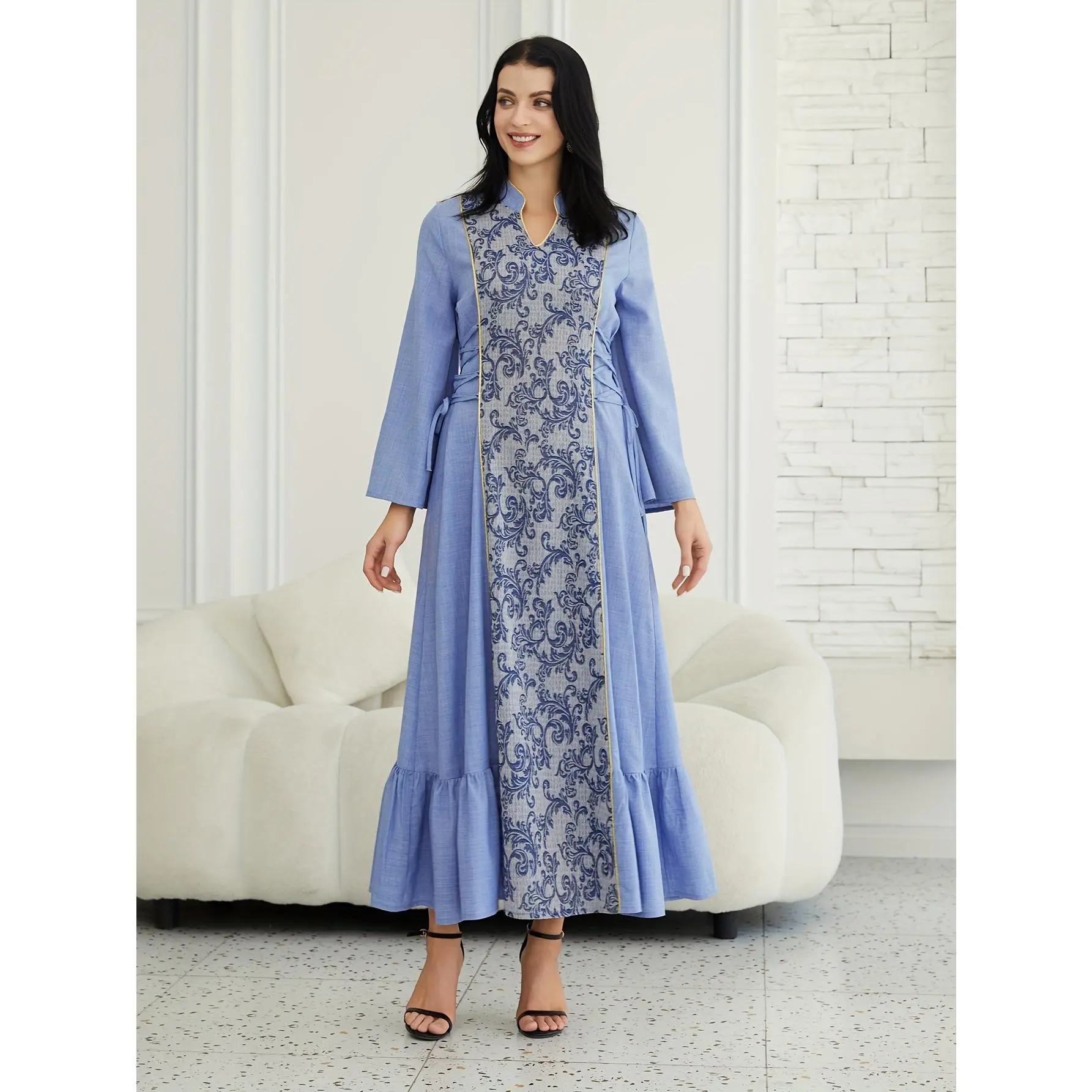 Elegant Blue & White Floral Kaftan for Women - High Neck, Long Sleeve, Ruffled Hem, Loose Fit, Perfect for Spring/Summer/Fall, Traditional Middle Eastern Style, Casual Elegant Wear |   High Neck Dress |   Ruffled Hemline, Middle Eastern Dress