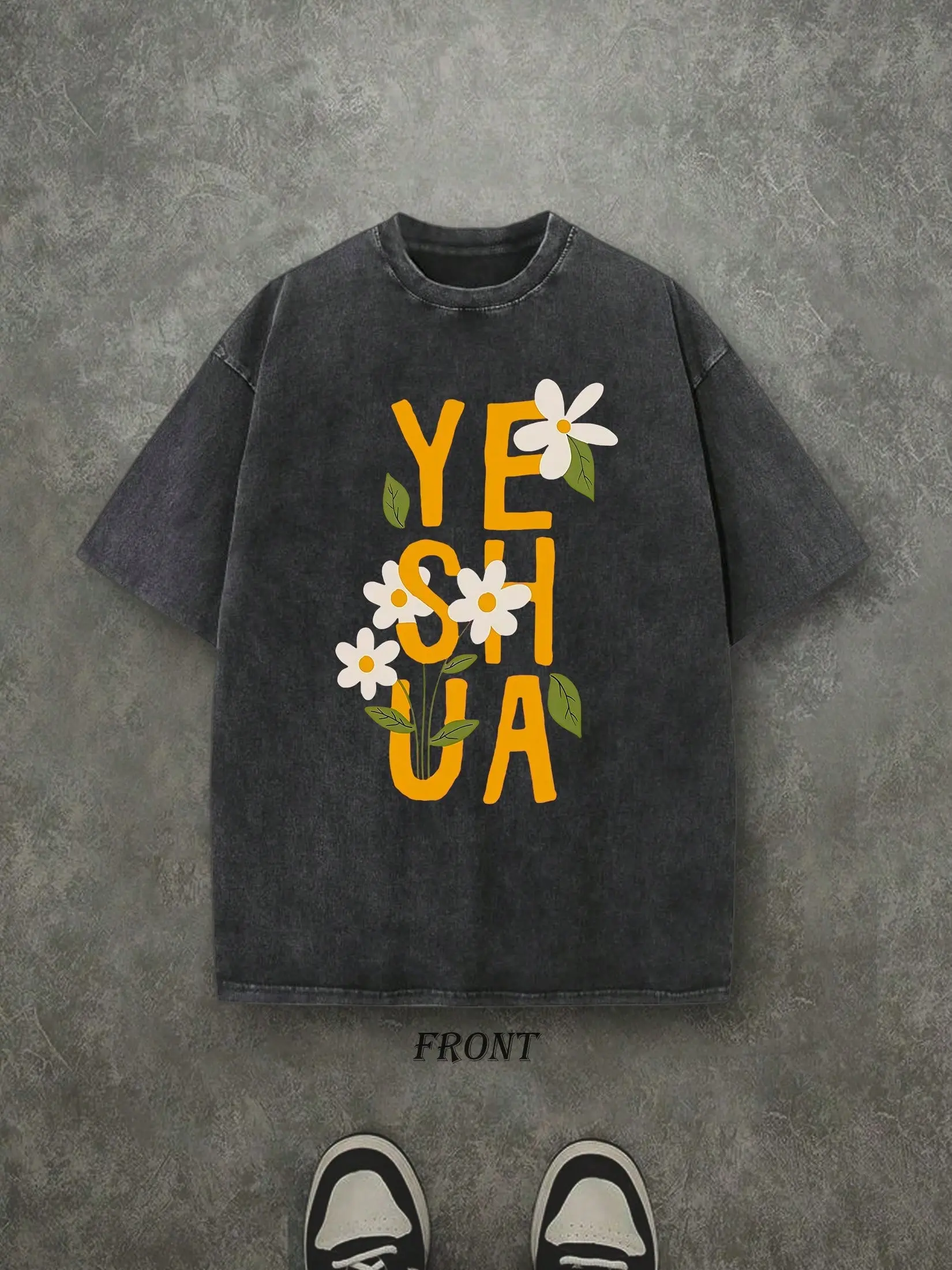 Vintage Yeshua Yellow Block Letter White Daisy Floral Christian T-Shirt, Washed Charcoal Black Cotton Oversized Short Sleeve Tee, Cottagecore Faith Casual Crewneck Shirt