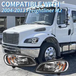 Headlights Assembly Fit for 2004-2013 Freightliner M2 106 M2 112, Black Housing Halogen Headlamp pair (Driver and Passenge Side)