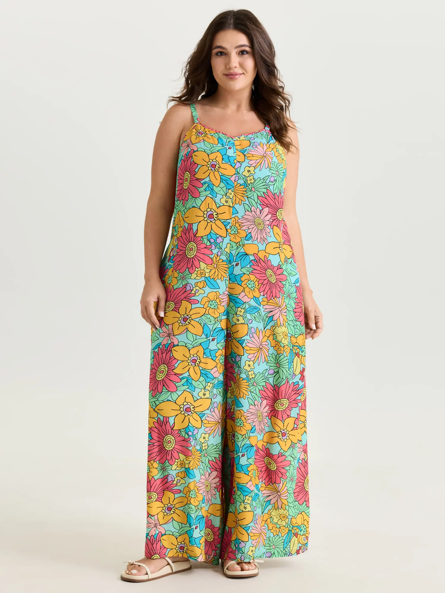 BloomChic Women's Plus Size Playful Floral Rayon Jumpsuit - Sleeveless Tall Fit with Wide Legs and Adjustable Straps, Overalls, Garment, Smooth, Fabric, Tall Length