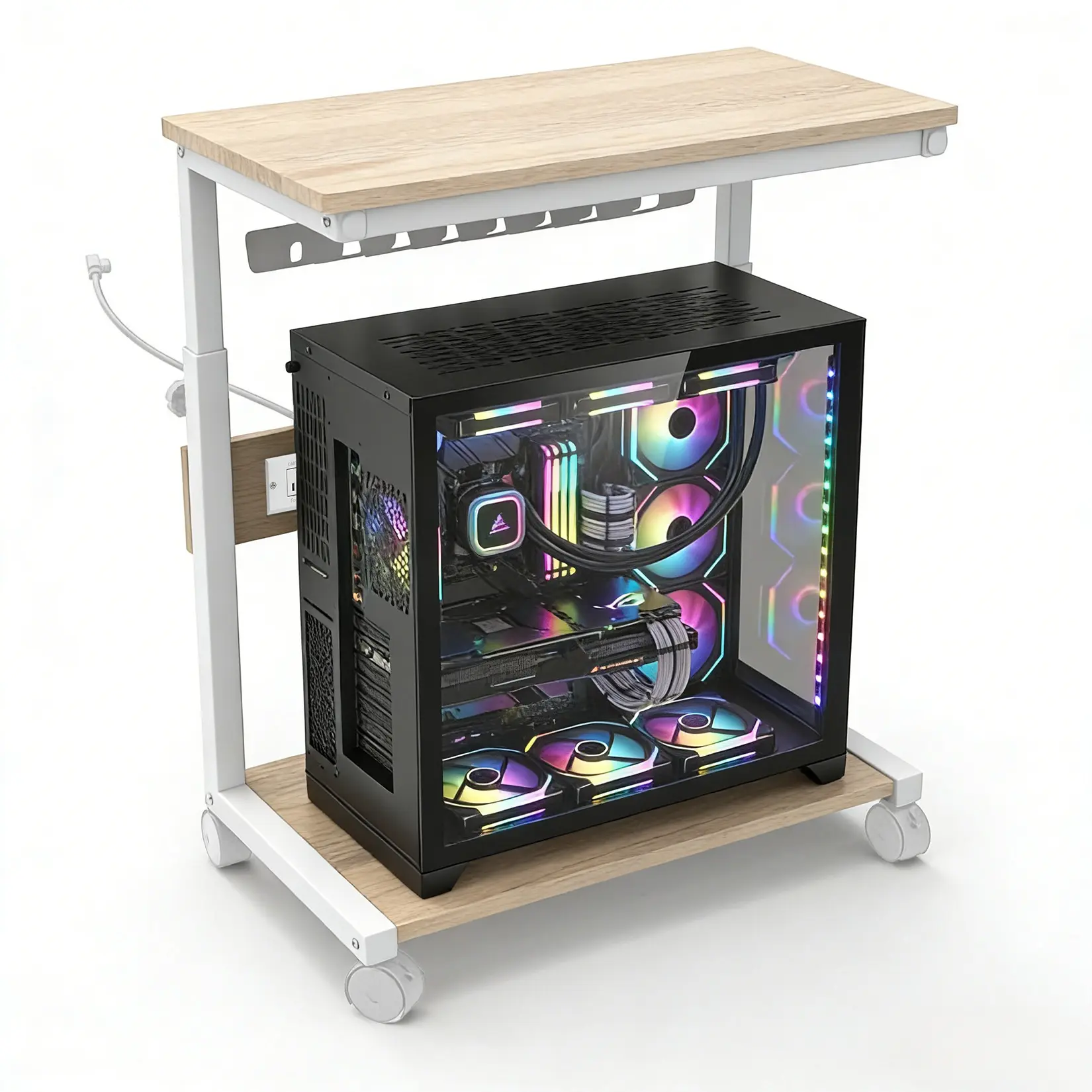 Adjustable Height Mobile CPU Stand with Power Outlet, Rolling Computer Tower Cart with Wheels, 2-Tier Wood & Steel PC Holder for Home Office